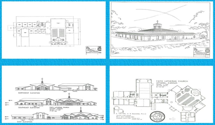 Four architectural drawings of religious buildings.
