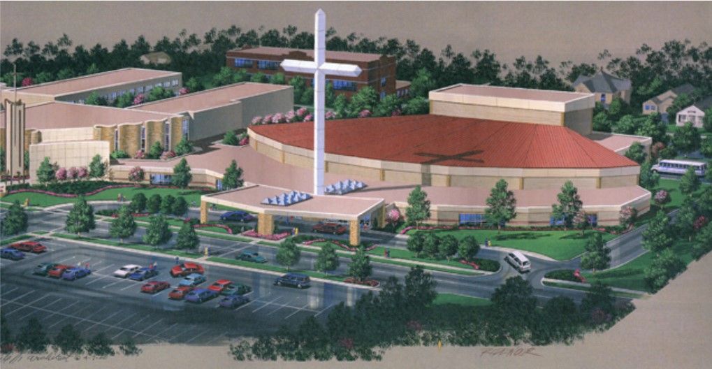 Rendering of a large church complex with a tall white cross, parking lot, and surrounding trees.