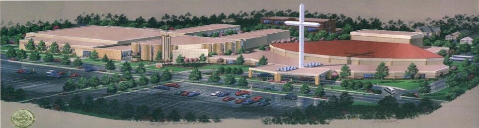 Architectural rendering of a large church complex with a tall white cross and parking lot.