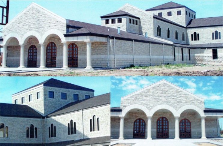 Multiple exterior views of a stone building with arched entrances, columns, and rectangular windows under construction.