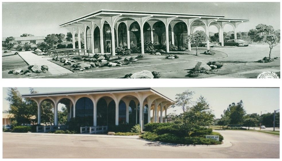 Two photos: a building with arched supports, lush landscaping and car.