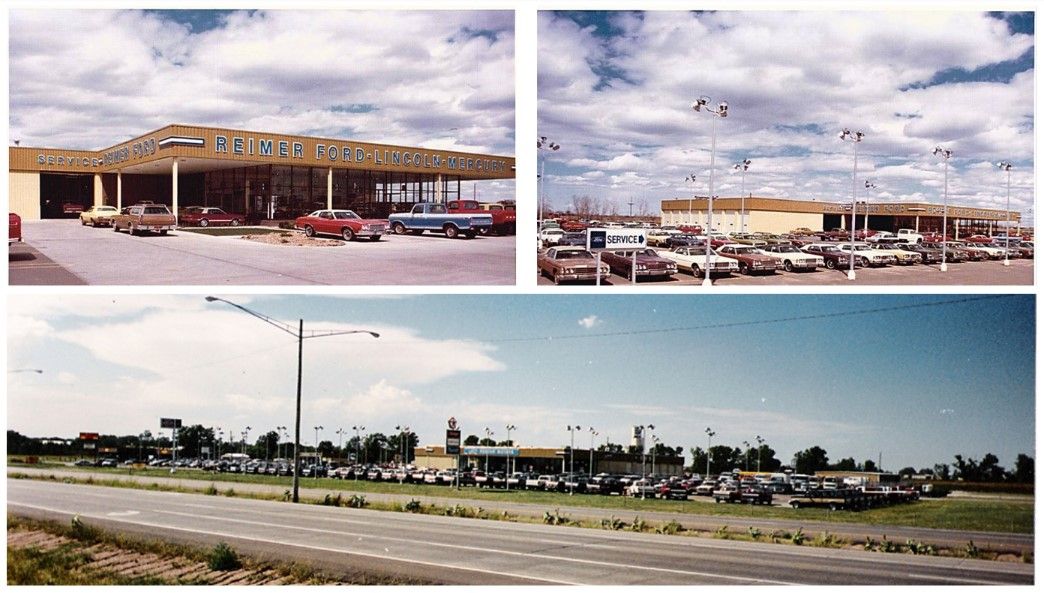 Collage of three vintage car dealership photos. Each shows cars parked outside a building under a cloudy sky.