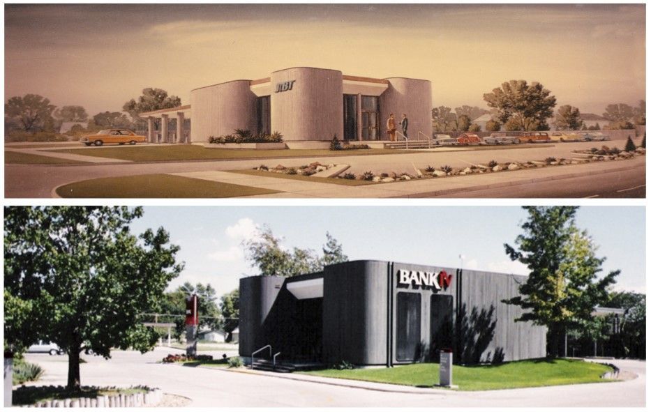 Top: Architectural rendering of a bank building, light grey with landscaping.