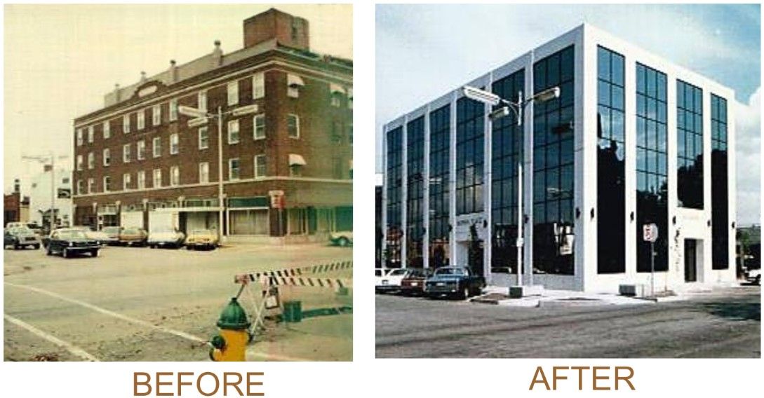 Before and after photos of a building transformation; from brick with multiple floors to a modern glass and white structure.