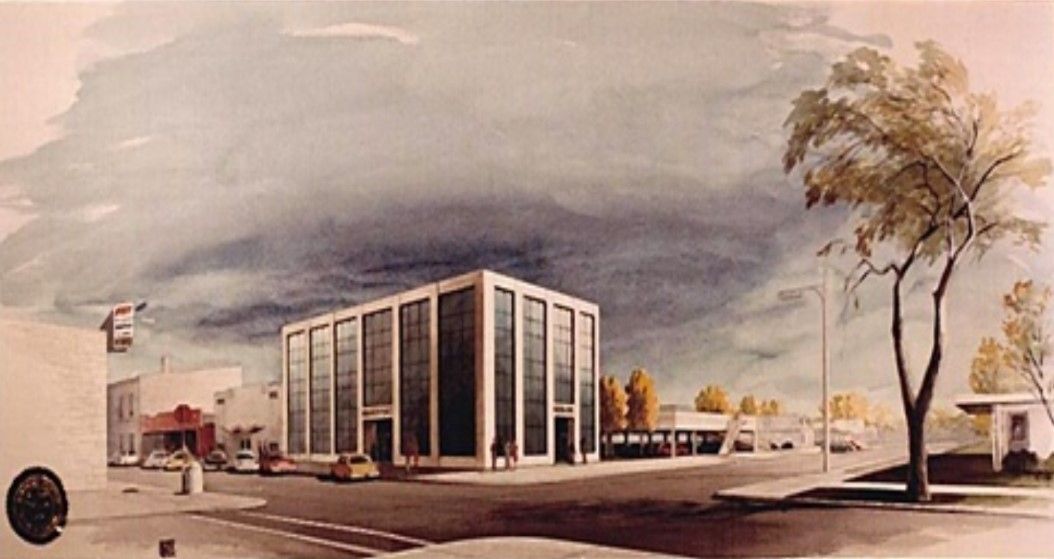 Watercolor painting of a modern building with large windows on a street corner, cloudy sky overhead.