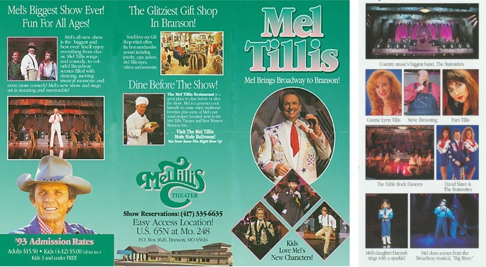 Mel Tillis show flyer: Mel Tillis in stage shows and gift shop. Green background with photos, information, and logo.
