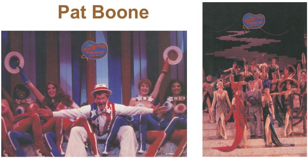 Pat Boone performing with a group in a colorful, stage production setting.