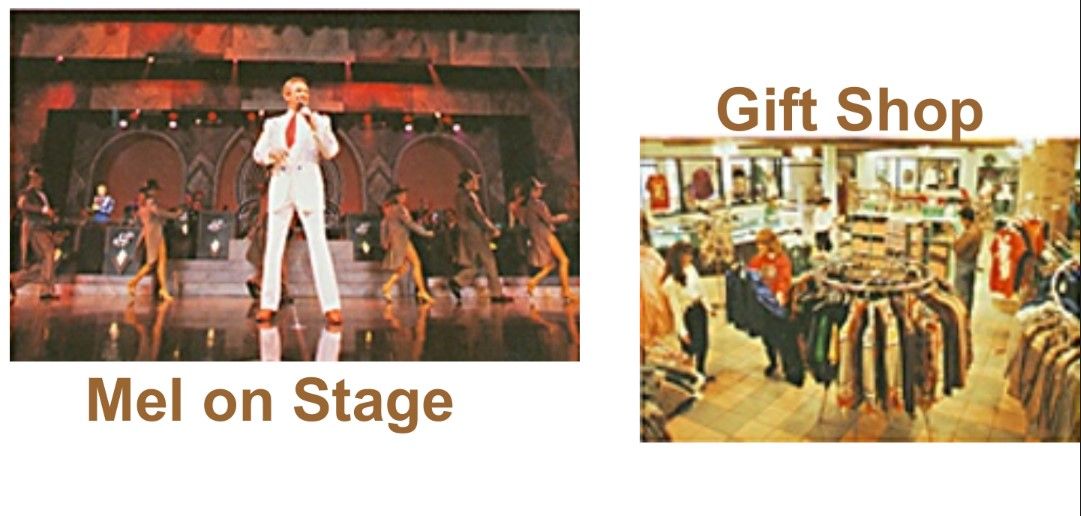 Mel on stage performing with dancers; gift shop with clothing racks and customers.