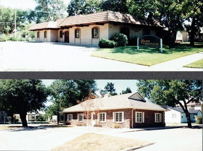 Two views of a business building with light-colored walls and a tiled roof, one sign reads