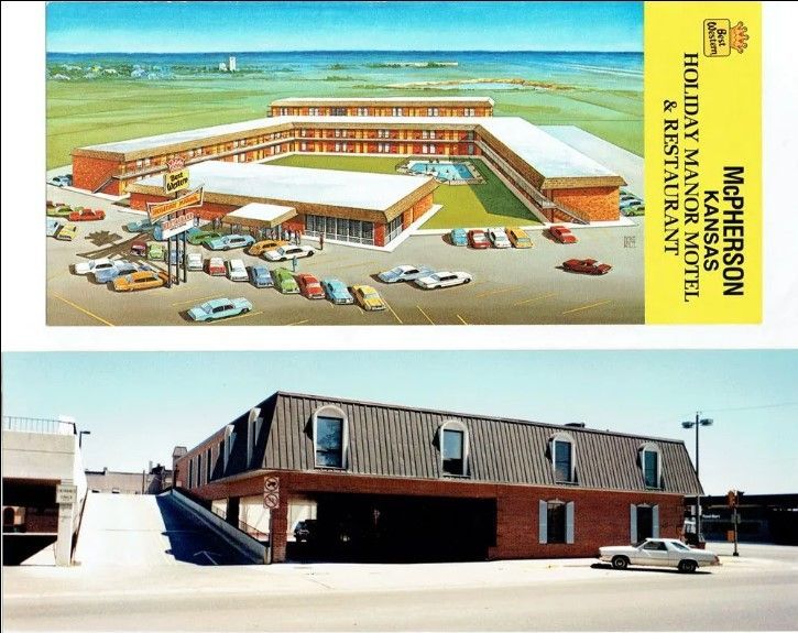 Top: Illustration of Holiday Manor Motel in McPherson, Kansas. Bottom: Actual building, red brick, with car.
