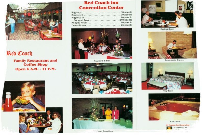 Brochure for Red Coach Inn, featuring restaurant, rooms, and convention center with people.