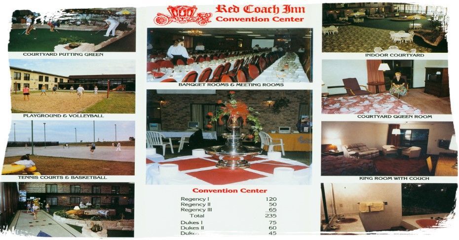 Brochure for Red Coach Inn, featuring convention center and room photos. Includes outdoor areas and meeting spaces.