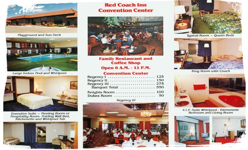 Brochure of Red Coach Inn Convention Center: hotel rooms, pool, family restaurant, convention rooms, and prices.