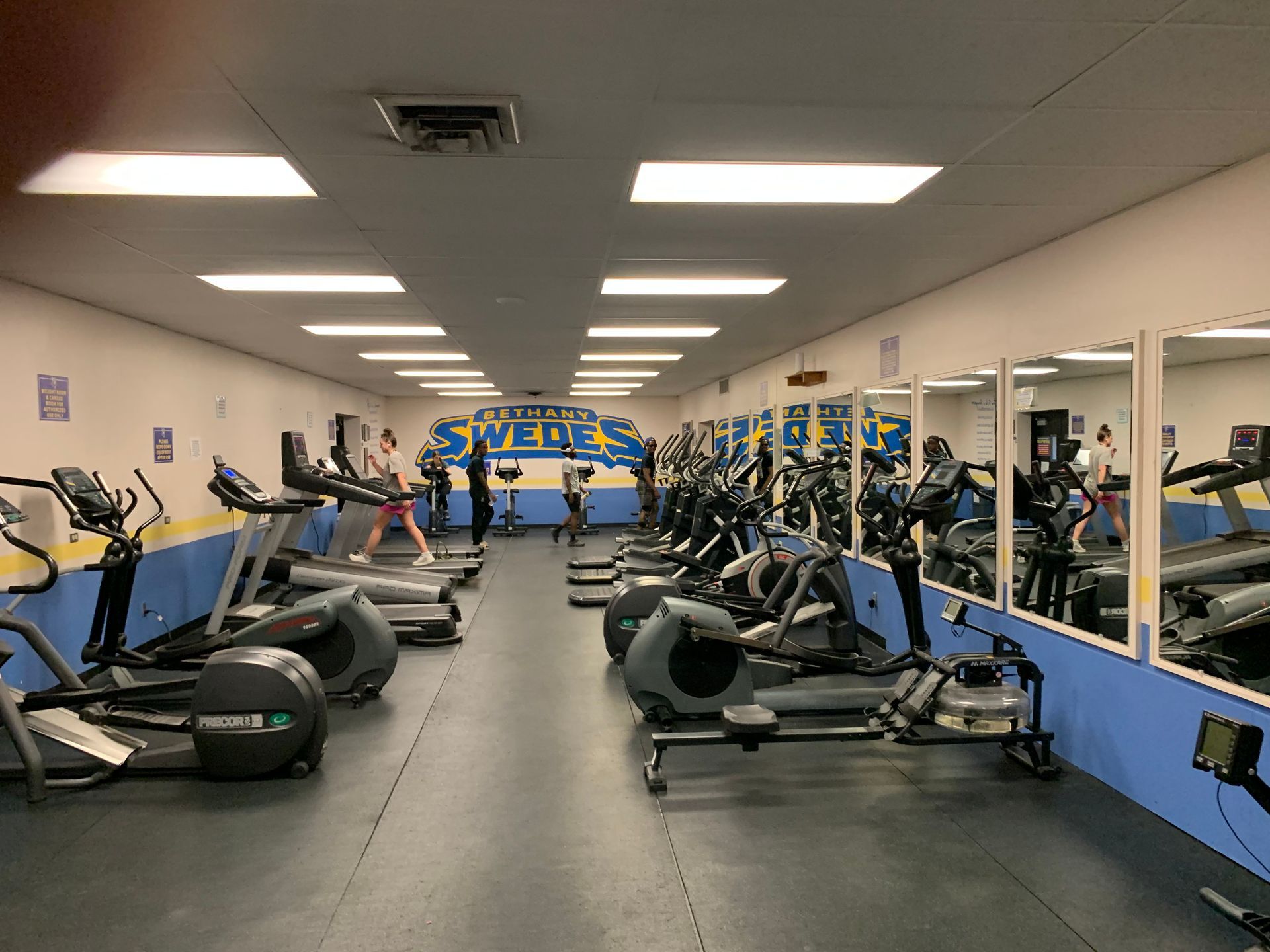 Gym interior with exercise machines, including treadmills and ellipticals. People are exercising.