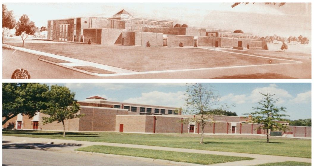 Two-panel comparison of a school exterior. Top: sepia-toned; Bottom: