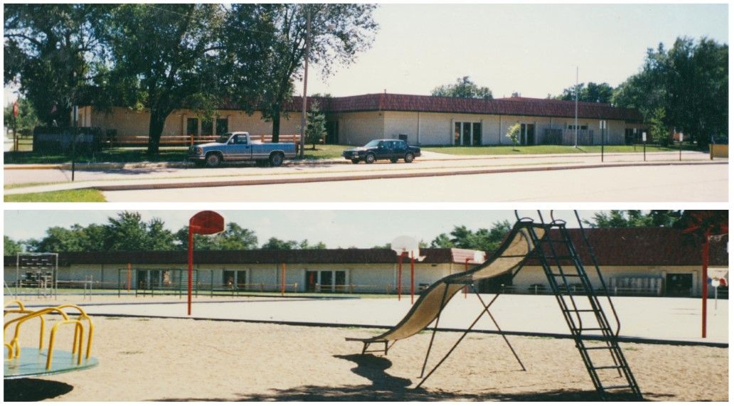 Two views of a low, light-colored building, likely a school, with trees and a playground.