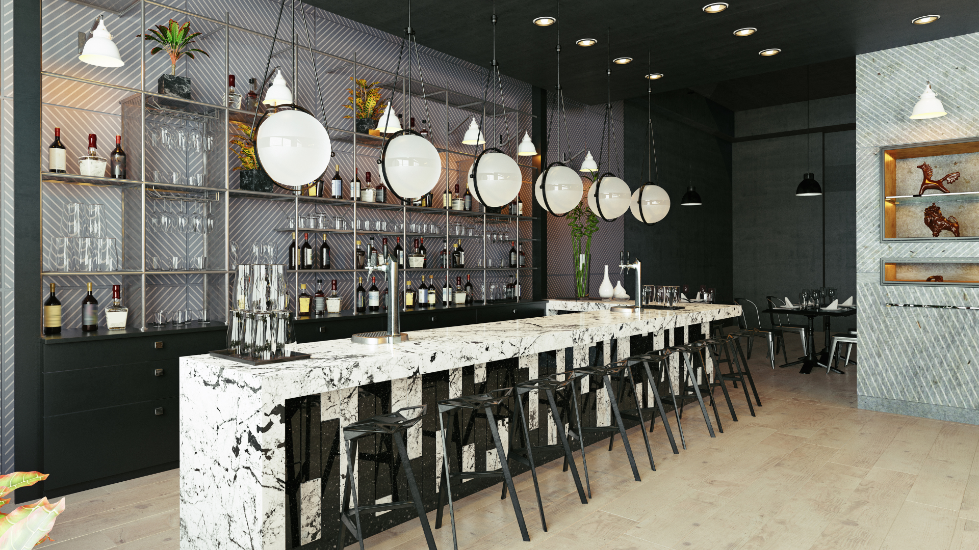 Modern bar with marble counter, black stools, liquor shelves, pendant lights, and decorative wall.