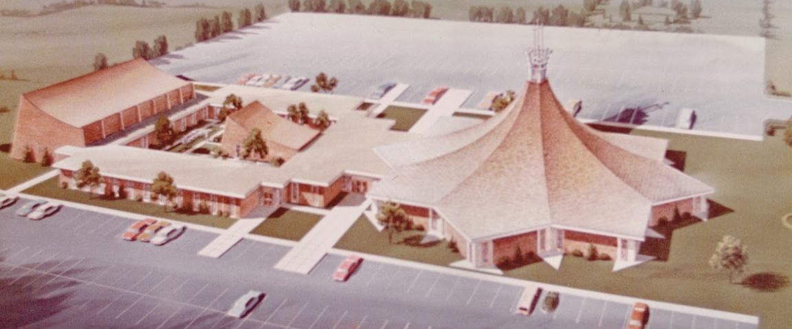 Architectural rendering of a church complex with a large central building and a gymnasium.