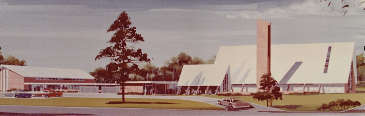 Rendering of a mid-century modern church with a tall steeple, set in a grassy landscape with a tree and cars.