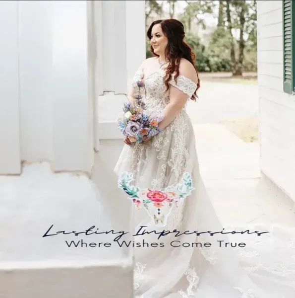 Woman in white dress holding a bouquet beside a white wall, with “Living Impression Where Wishes Come True” text.