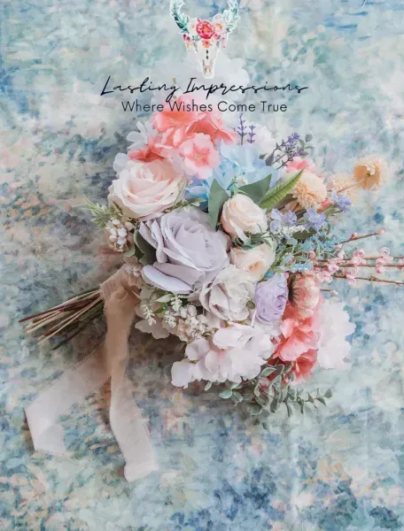 Pastel floral bouquet with ribbon on a blue textured background and inspirational quote text
