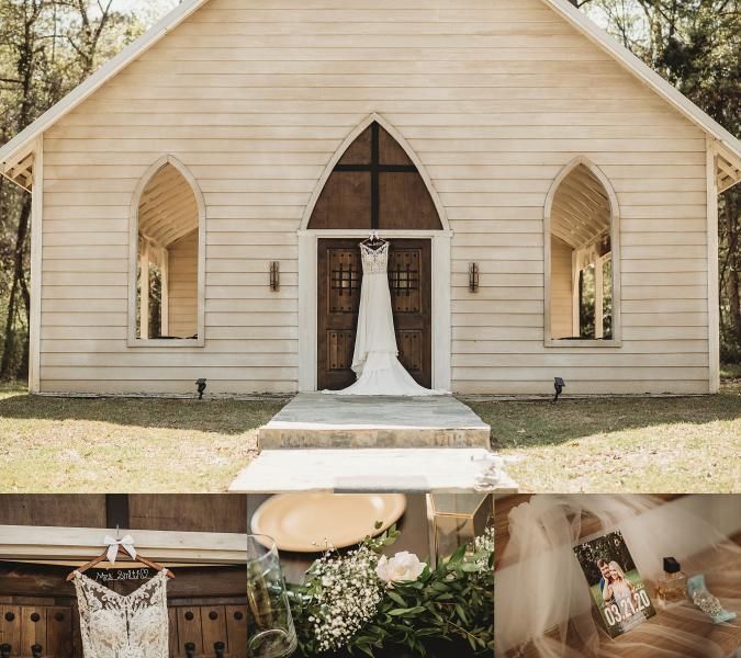 Wedding chapel with white facade, arched windows, and bridal decor inside