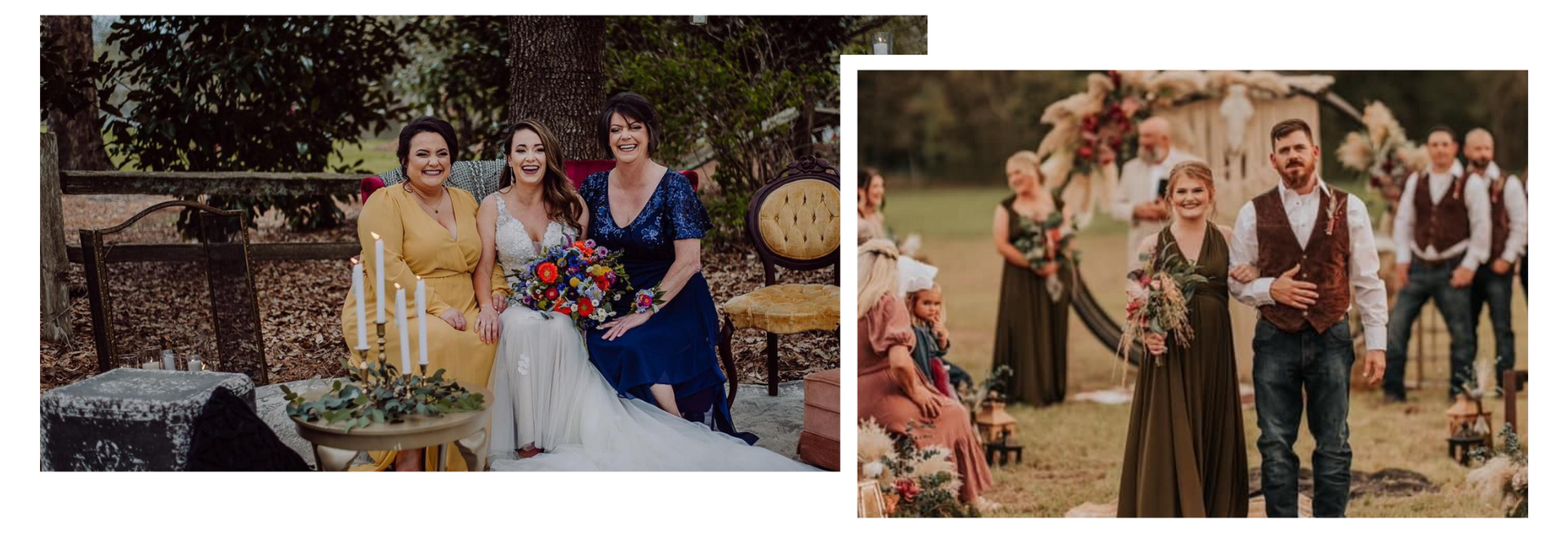 Wedding group photos outdoors with three people posing by flowers and a decorated couple in a rustic garden setting