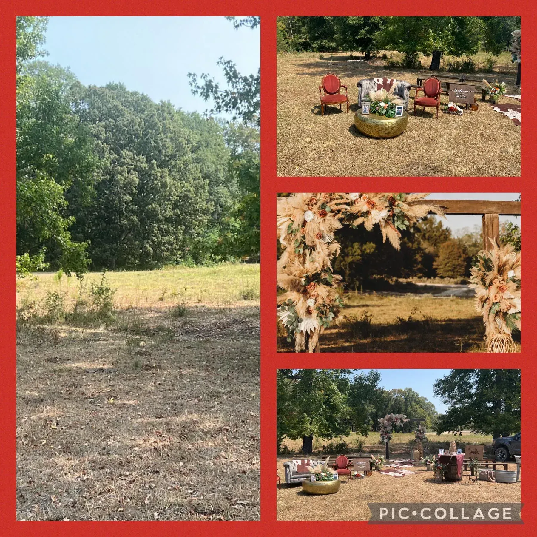 Outdoor garden collage with a tree-lined path, red chairs, floral arch, and a decorated seating area