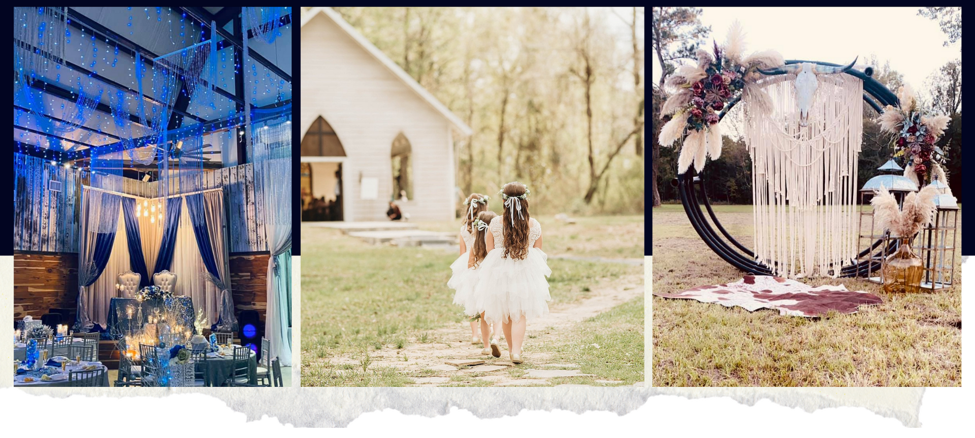 Three-panel collage of elegant outdoor wedding decor with a couple posing by a chapel and floral arch