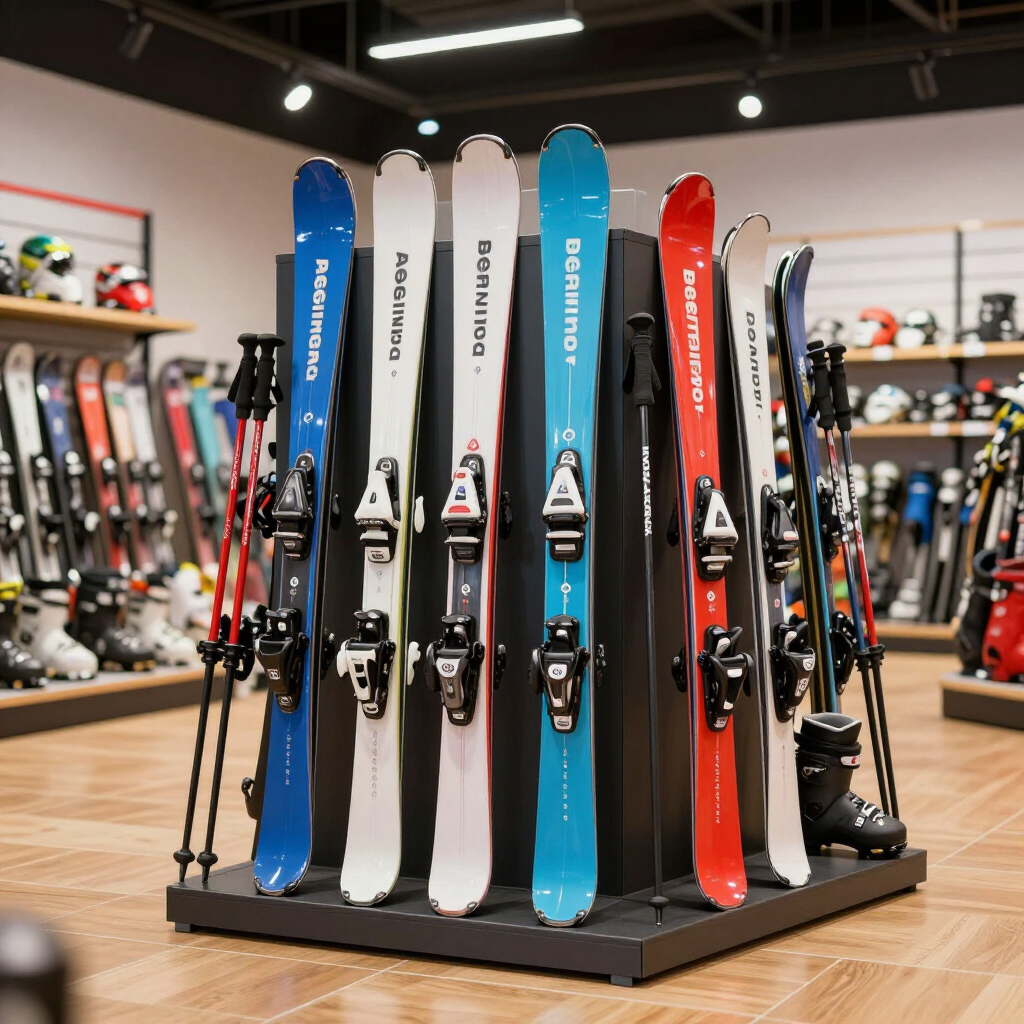 Ski display rack with colorful skis and poles in a sports shop