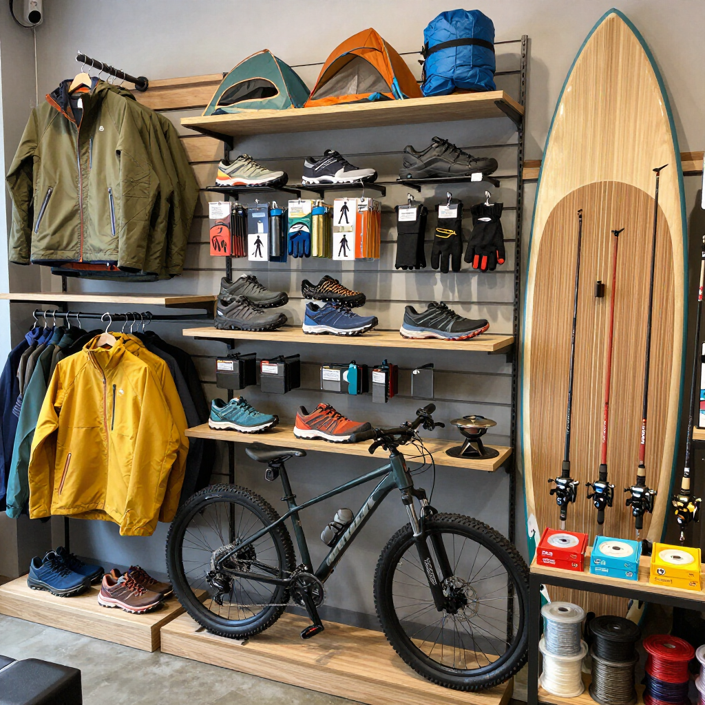 Retail display of outdoor gear: jackets, shoes, bicycle, and surfboards on wall shelves and racks.