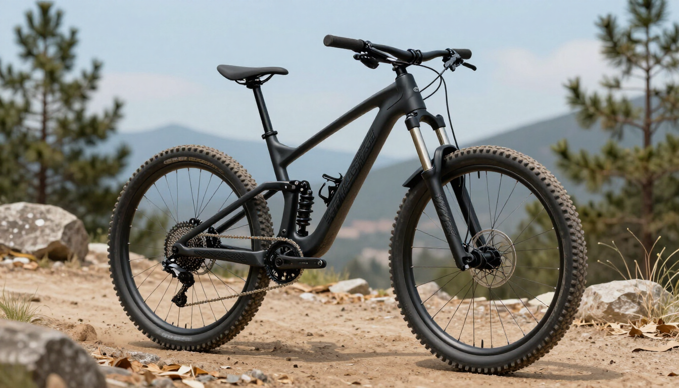 Black mountain bike on a rocky trail with pine trees and mountains in the background