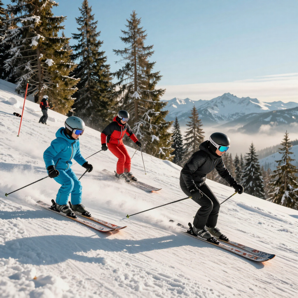 Three skiers in blue, red, and black descend a snowy mountain slope with pine trees and distant peaks.