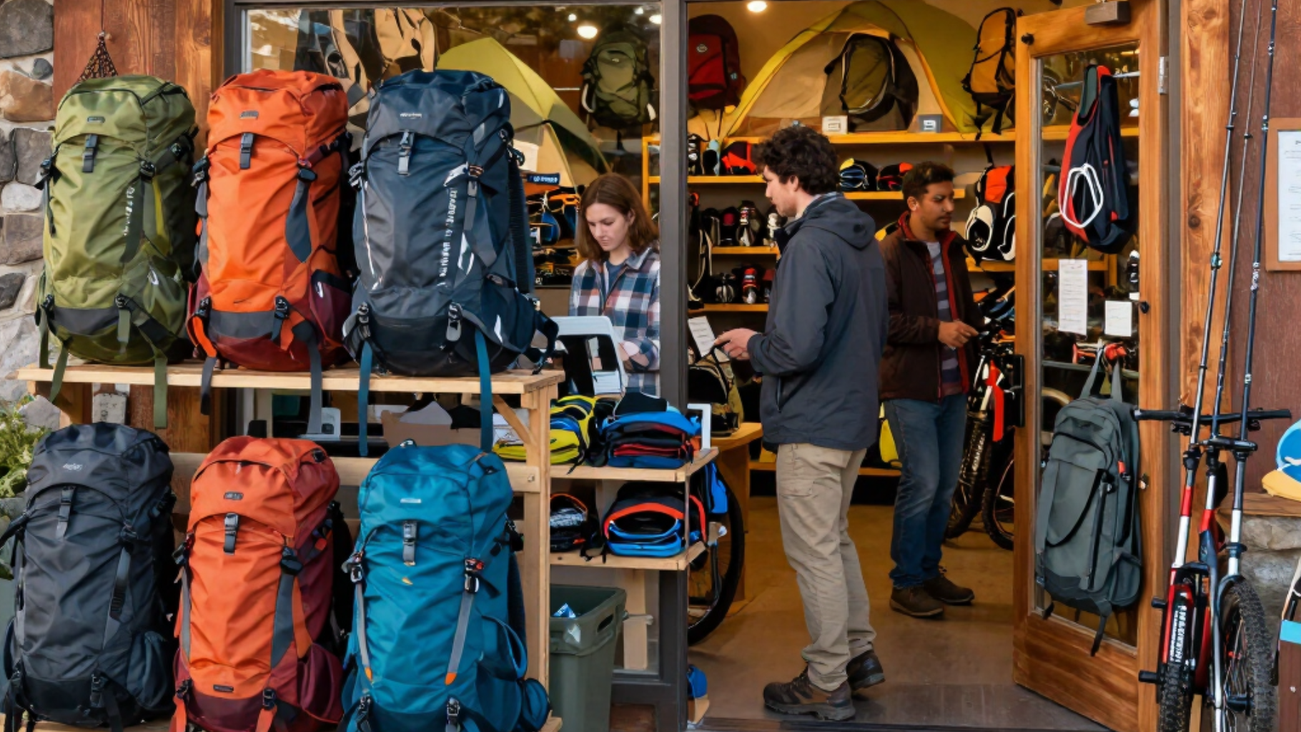 Outdoor gear shop with colorful backpacks and two people browsing inside a rustic store.
