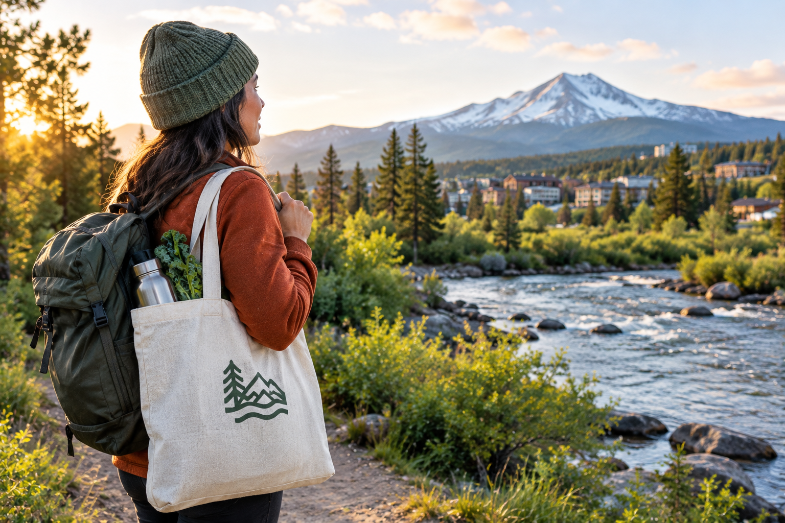 Hiker with backpack and tote bag overlooking a river and snowy mountain at sunset