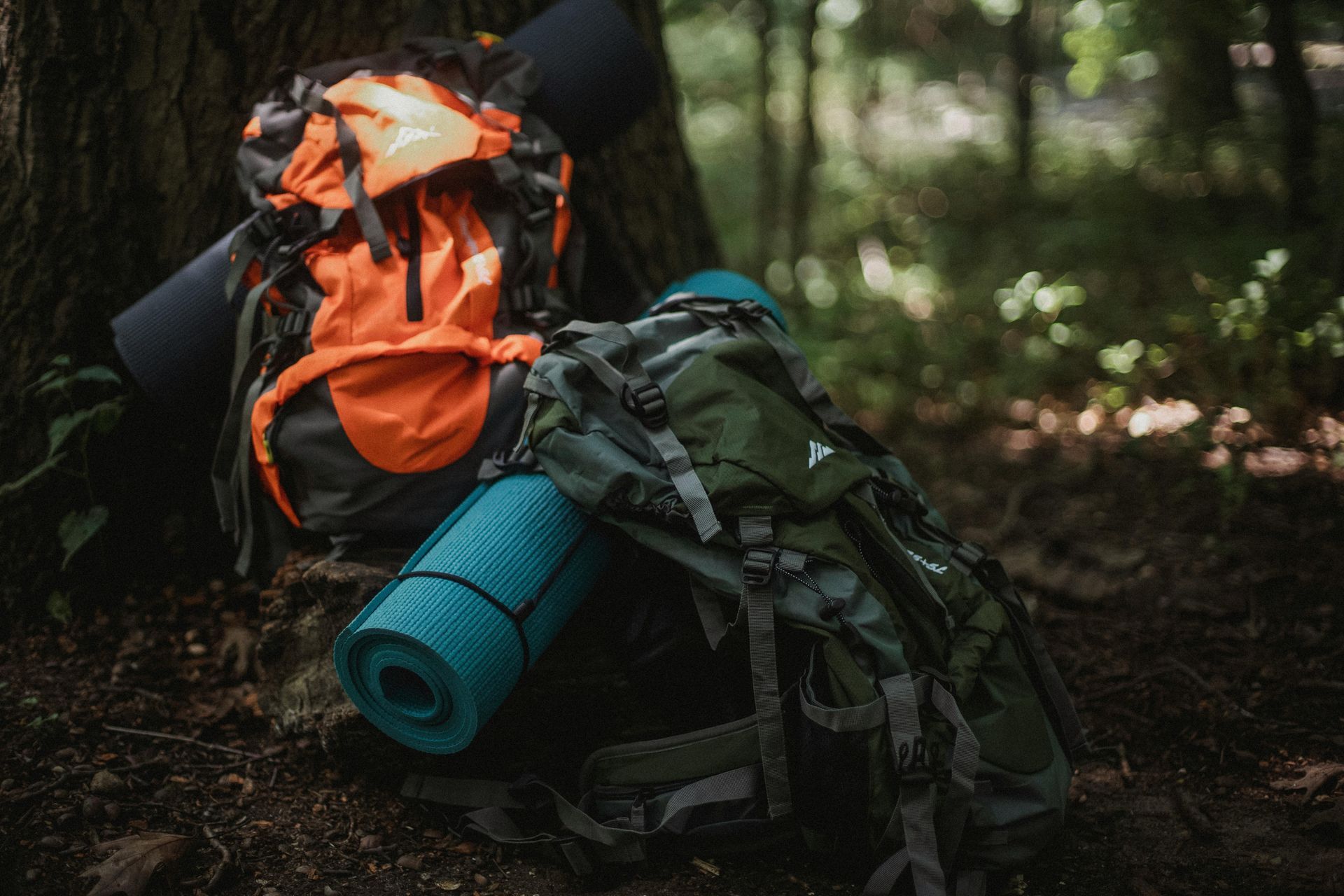 Orange and green hiking backpacks with a rolled blue mat in a forest setting