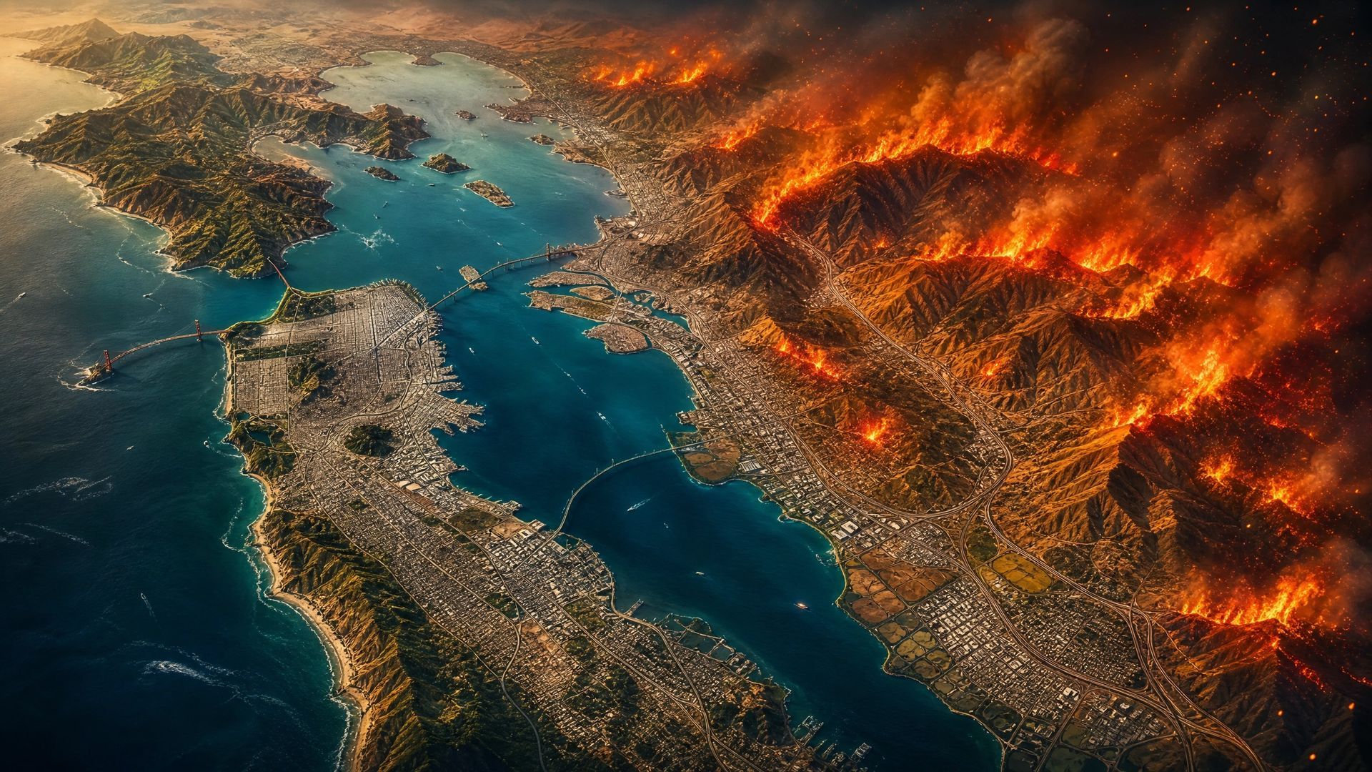 Image  of artist impression of Northern California Bay Area wildfires
