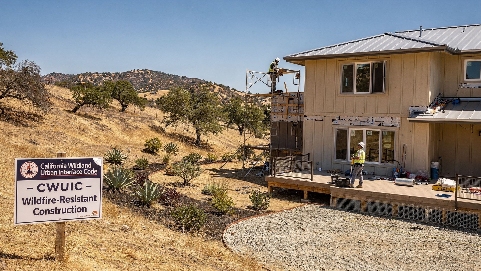 New CA home construction in wildfire prone area, with a sign 'CWUIC Wildfire-Resistant Construction'