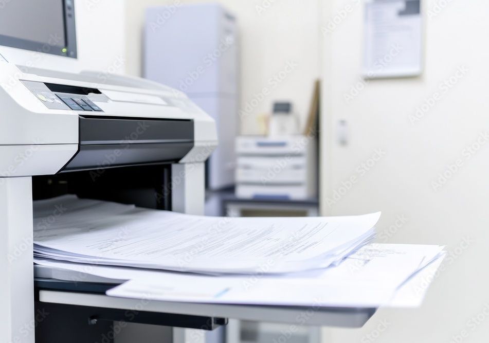 A printer is printing documents in an office setting.