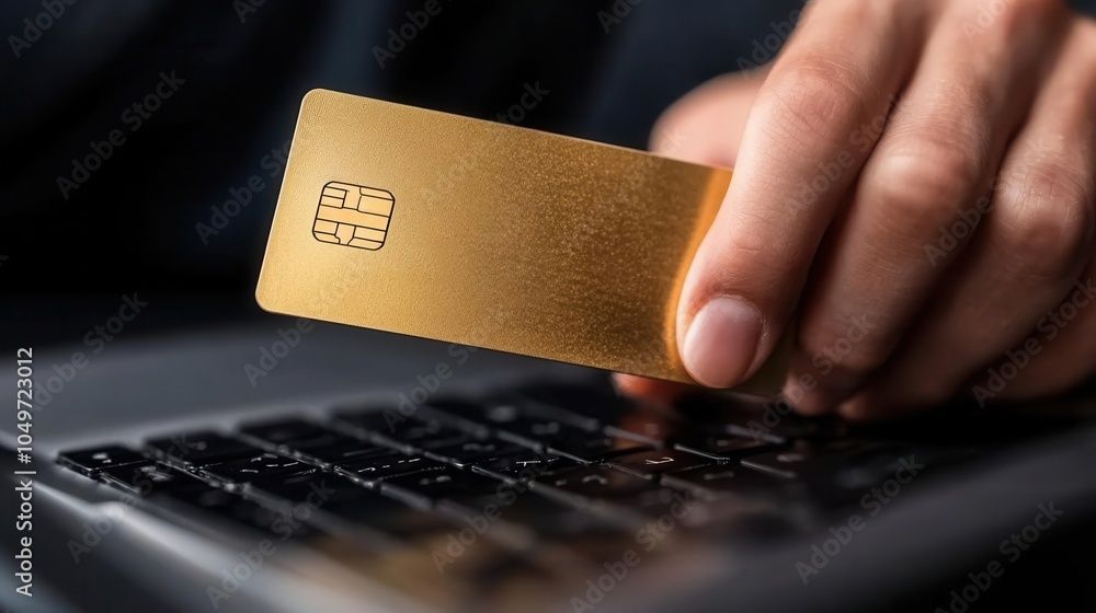 Hand holding a gold credit card above a laptop keyboard, suggesting an online transaction.