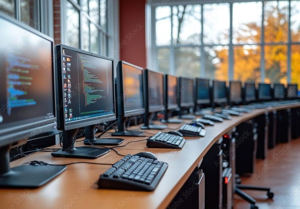 Computers in a curved row, likely a lab or classroom, with a window view of fall foliage.