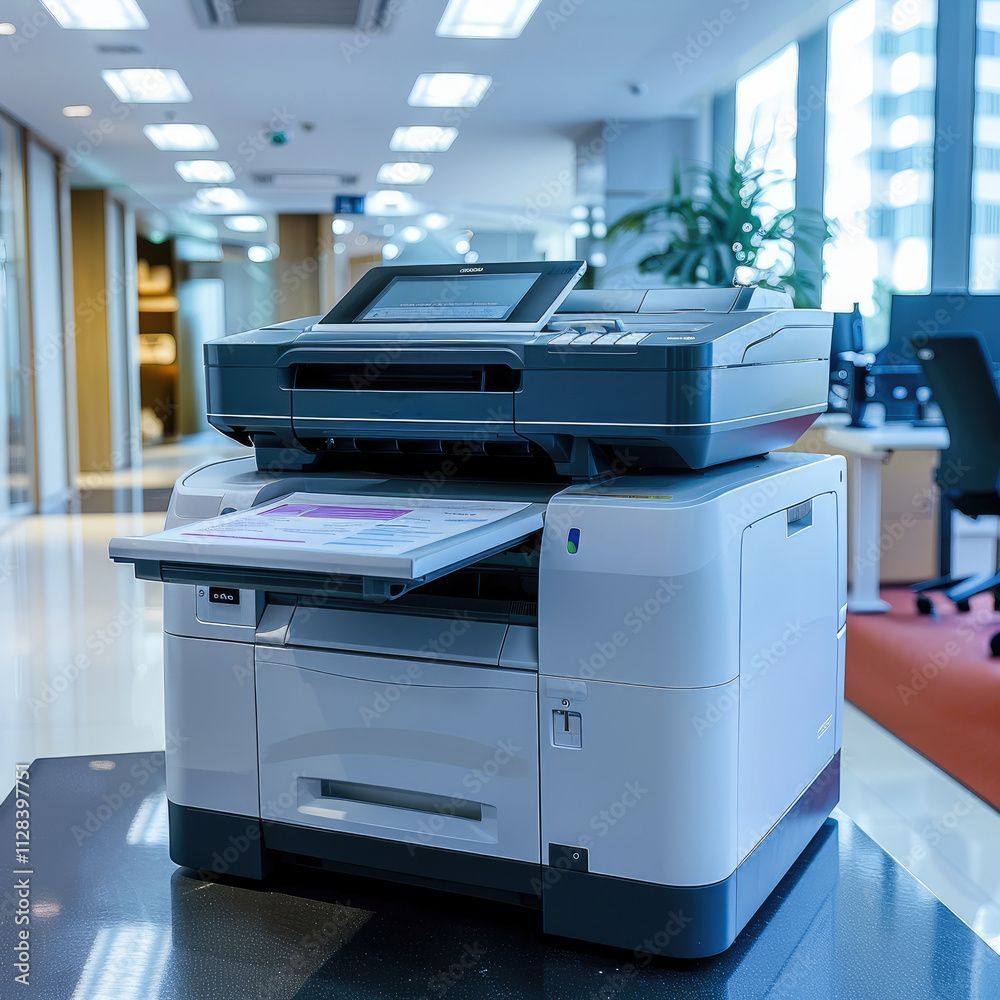Office printer on a desk, printing a document. Modern office setting.