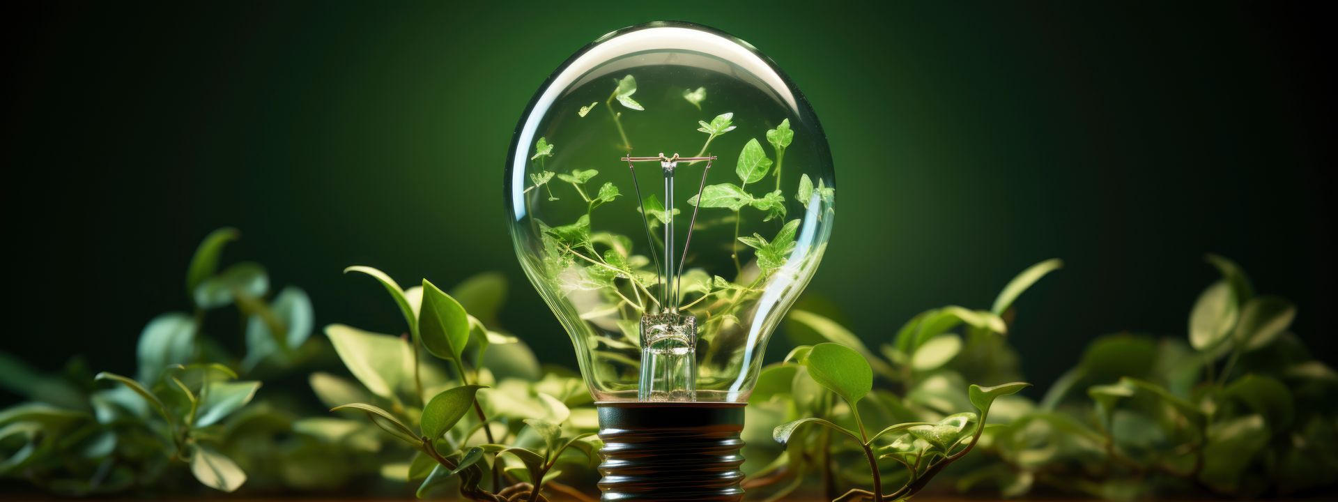 A lightbulb filled with green plants, symbolizing green energy and sustainability, with a dark green background.
