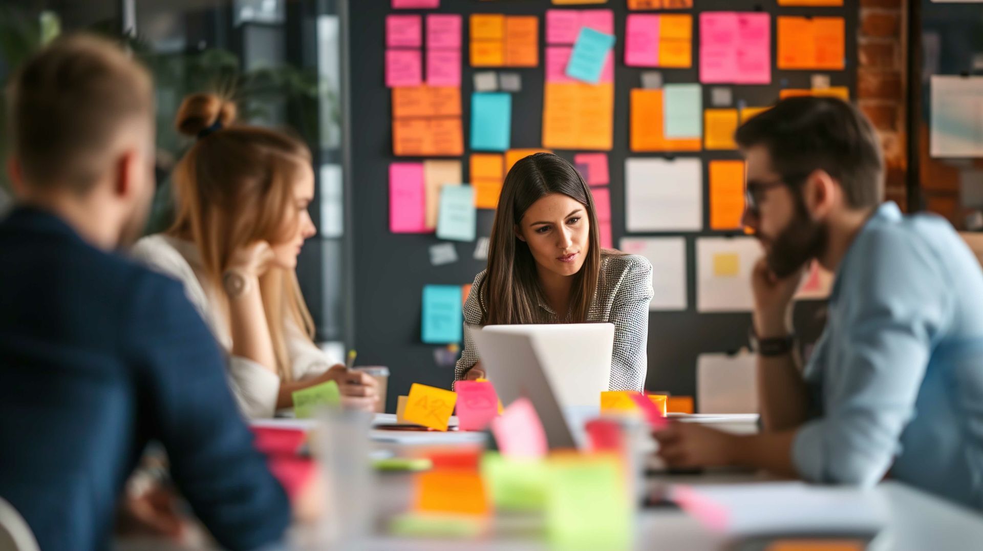 Group of people collaborating around a table in an office. Sticky notes on wall in background.