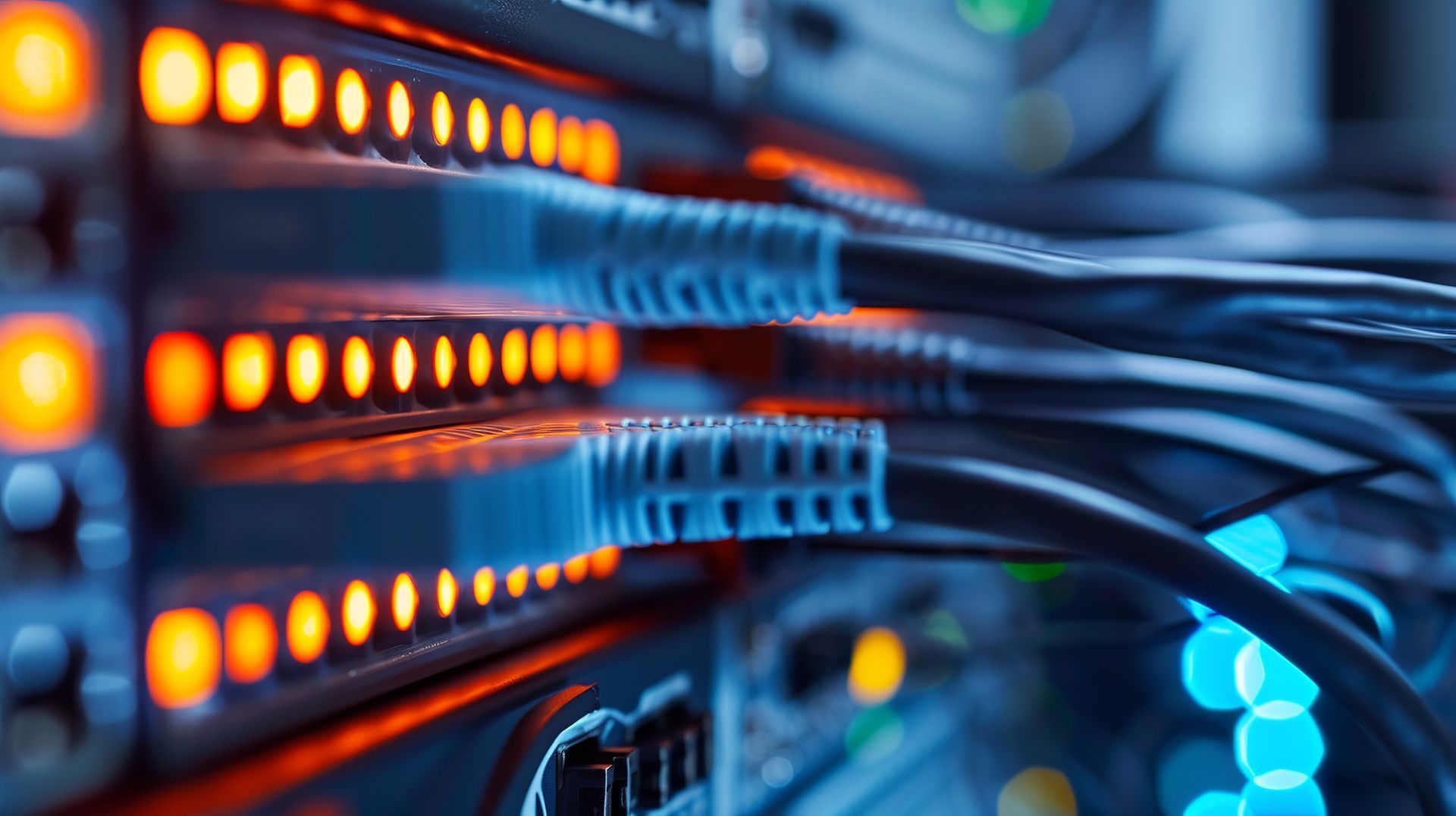 Server rack with glowing orange and blue lights, connected by black cables.