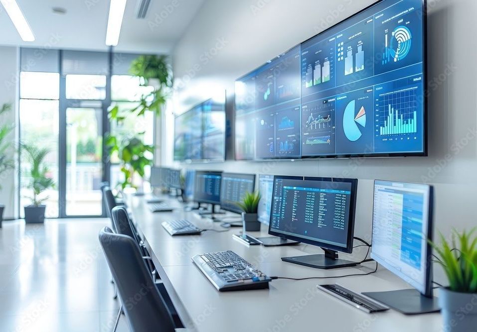 A modern control room with monitors displaying data and graphs, and workstations in a well-lit space.