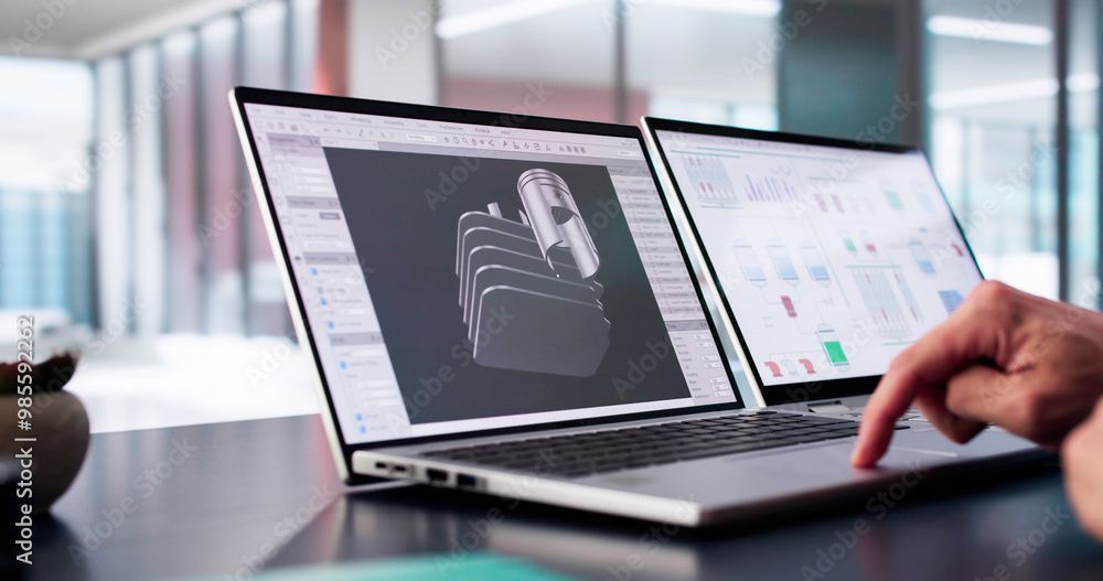 Person working on two laptops, one displaying a 3D model, the other data graphs.