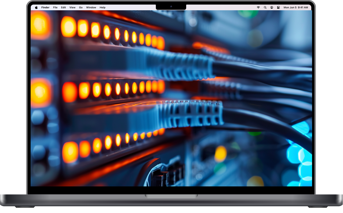 Laptop displaying a server rack with glowing lights and network cables, close-up.