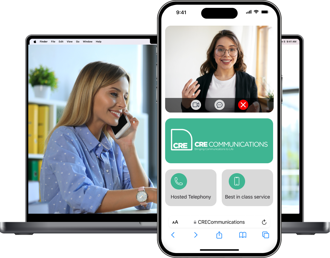Woman on phone, video call on phone screen, two laptops; green app interface.