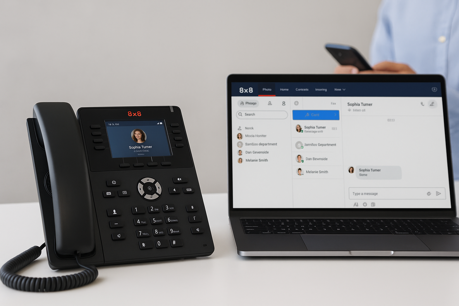 Black desk phone, laptop with contact list, person holding smartphone, all on a desk.